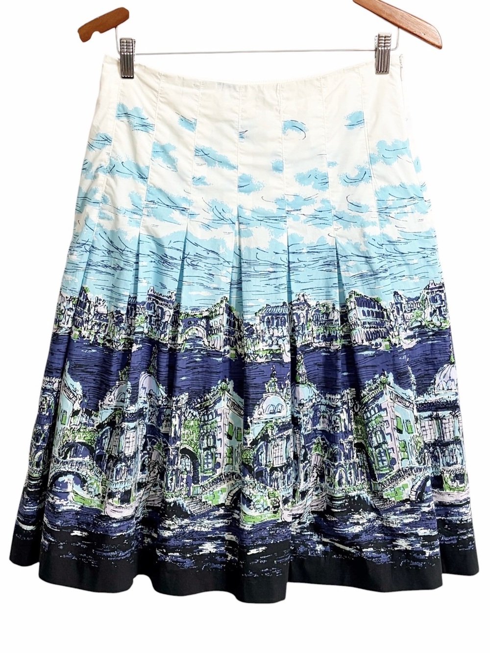 Talbots Venice City Scene Pleated Midi Skirt Womens 4 Blue White Coastal Novelty